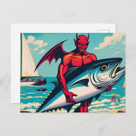 Retro Pop Art Devil met een Tunafish op het strand Briefkaart (Voorkant / Achterkant)