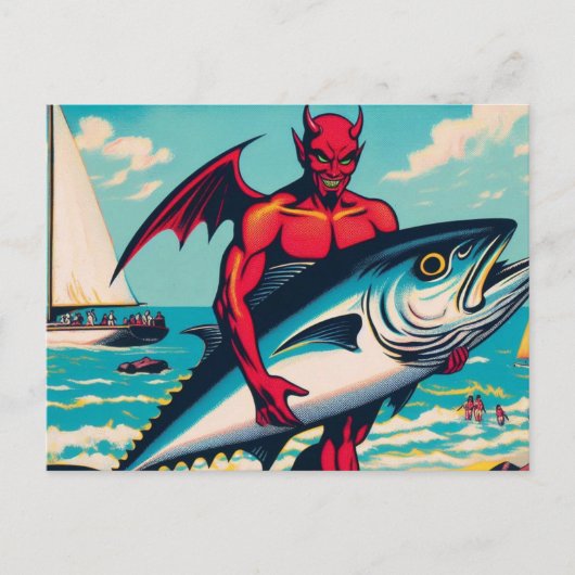 Retro Pop Art Devil met een Tunafish op het strand Briefkaart (Voorkant)