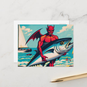 Retro Pop Art Duivel Met Een Tonijn op het Strand Briefkaart