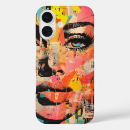 Retro Pop Art Face op krantenpapier iPhone 16 Hoesje