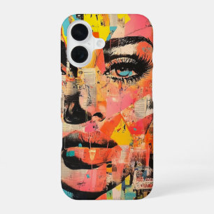 Retro Pop Art Face op krantenpapier iPhone 16 Hoesje