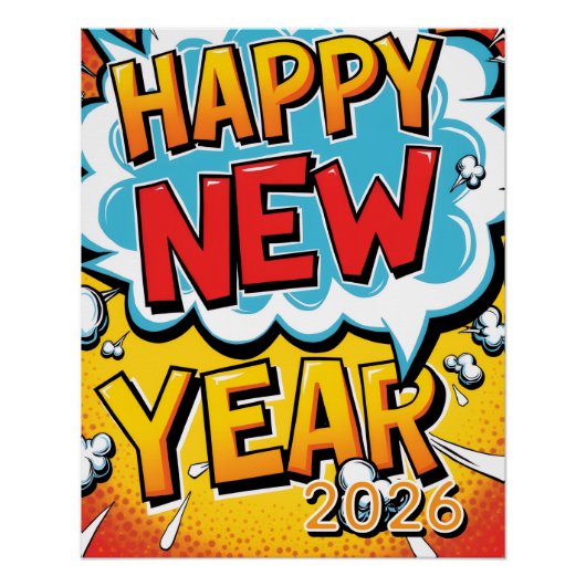 Retro Pop Art Gelukkig Nieuwjaar Comic Stijl Poste Perfect Poster (Voorkant)