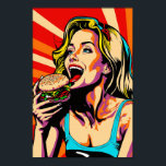 Retro Pop Art Girl Eating Burger Poster<br><div class="desc">Dit poster heeft een leuk, retro-geïnspireerd design dat elementen van pop kunst en dinercultuur combineert. Het centrale afbeelding is van een meisje dat graag op een juistige hamburger blaast, omringd door vette, kleurrijke beelden. Het algemene effect is afspeelbaar en zeker om een aanraking van whimsy aan om het even welke...</div>