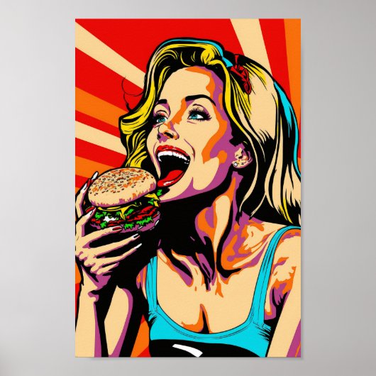 Retro Pop Art Girl Eating Burger Poster (Voorkant)