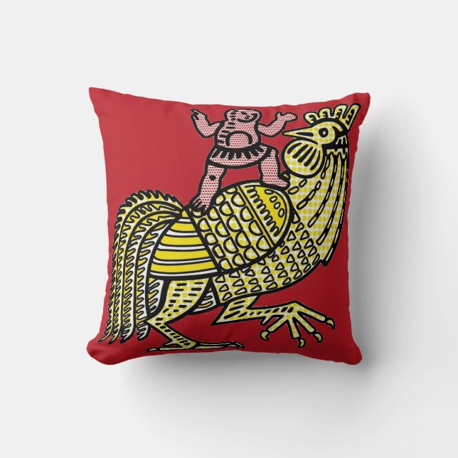 Retro Pop Art Haan met Figuur Ben-Day Stip Kussen (Voorkant)