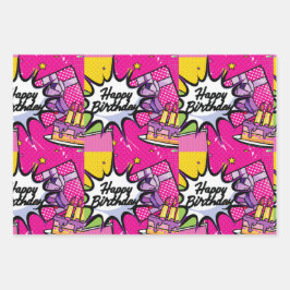 Retro Pop Art - Happy Birthday ontworpen Inpakpapier Vel