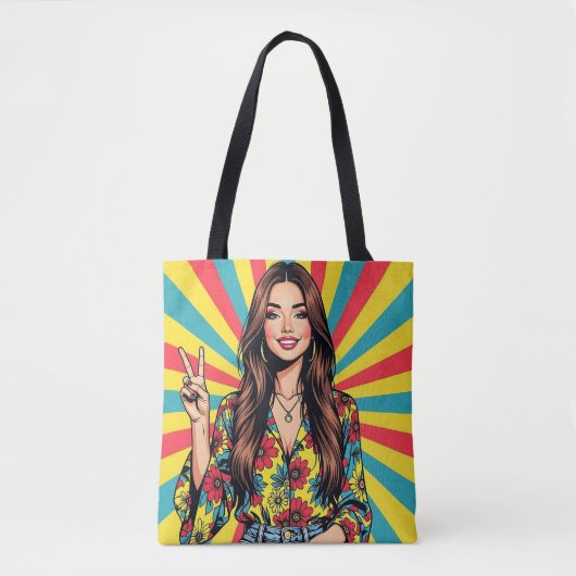 Retro Pop Art Lady giving Peace Sign Tote Bag (Voorkant)