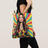 Retro Pop Art Lady giving Peace Sign Tote Bag (Dichtbij)
