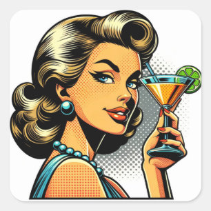 Retro Pop Art Lady met Cocktail   Proost Vierkante Sticker
