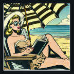 Retro Pop Art Lady op het strand Acryl Muurkunst<br><div class="desc">Zwarte en gele pop art stripverhaal stijl ai art beeldend een vrouw die een boek leest op het strand in een zonnebril en een zonnehoed draagt onder een paraplu.</div>