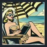 Retro Pop Art Lady op het strand Acryl Muurkunst<br><div class="desc">Zwarte en gele pop art stripverhaal stijl ai art beeldend een vrouw die een boek leest op het strand in een zonnebril en een zonnehoed draagt onder een paraplu.</div>