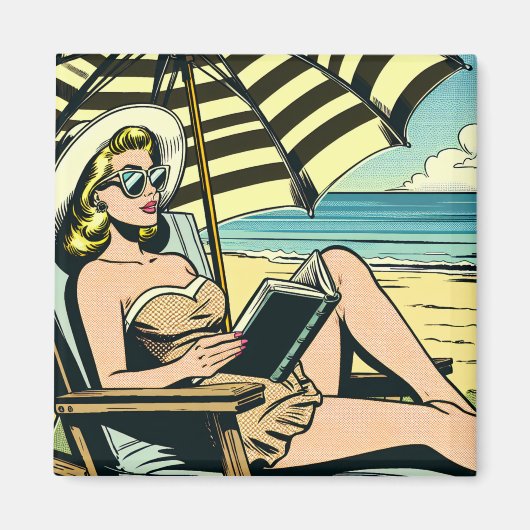 Retro Pop Art Lady op het strand Magneet (Voorkant)