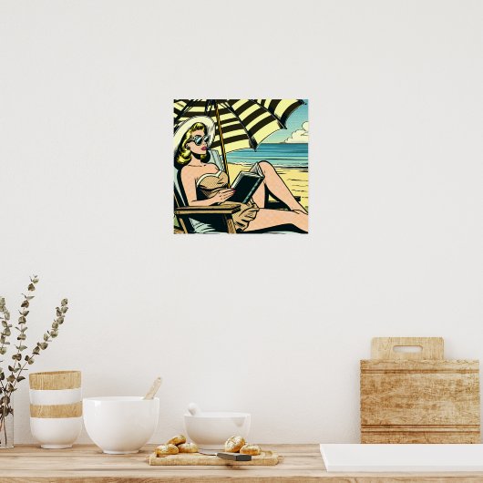 Retro Pop Art Lady op het strand Poster (Keuken)