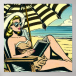 Retro Pop Art Lady op het strand Poster<br><div class="desc">Zwarte en gele pop art stripverhaal stijl ai art beeldend een vrouw die een boek leest op het strand in een zonnebril en een zonnehoed draagt onder een paraplu.</div>