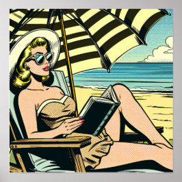 Retro Pop Art Lady op het strand Poster