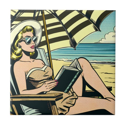 Retro Pop Art Lady op het strand Tegeltje (Voorkant)