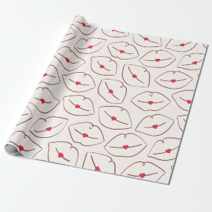 Retro Pop Art Lijn Kunst Lippen & Harten Kersenroo Cadeaupapier