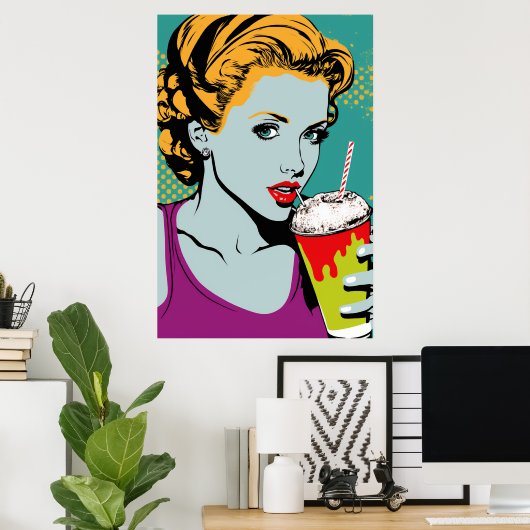 Retro Pop Art Milkshake Girl Poster (Thuiskantoor)