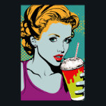 Retro Pop Art Milkshake Girl Poster<br><div class="desc">Dit is een speelse, retro-geïnspireerde vormgeving die elementen van pop kunst en dinercultuur combineert. Het centrale afbeelding is van een glimlachend meisje met een grote, roemrijke milkshake omringd door vette, kleurrijke graphics. Het algemene effect is leuk en zeker om een aanraking van whimsy aan om het even welke ruimte toe...</div>