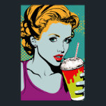 Retro Pop Art Milkshake Girl Poster<br><div class="desc">Dit is een speelse, retro-geïnspireerde vormgeving die elementen van pop kunst en dinercultuur combineert. Het centrale afbeelding is van een glimlachend meisje met een grote, roemrijke milkshake omringd door vette, kleurrijke graphics. Het algemene effect is leuk en zeker om een aanraking van whimsy aan om het even welke ruimte toe...</div>