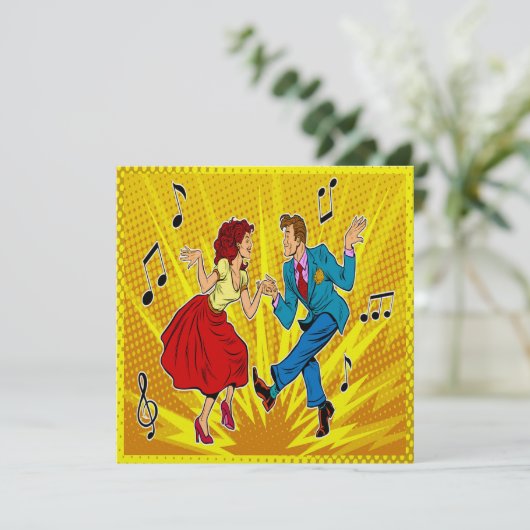 Retro Pop Art Paar Jitterbugging Uitnodiging (Staand voorkant)