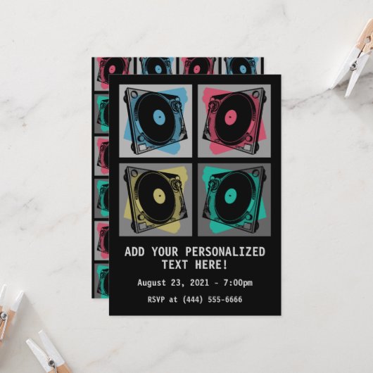 Retro Pop Art Platenspelers Kaart (Voorkant / Achterkant in situ)