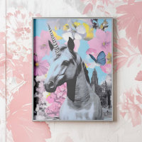 Retro Pop Art Roze en Blauwe Eenhoorn Collage