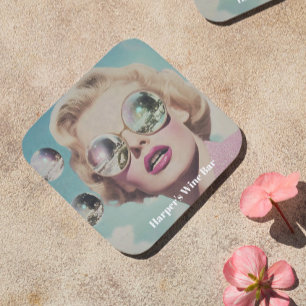 Retro Pop Art Roze en Blauwe Ruimte Vrouw Bier Onderzetter