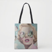 Retro Pop Art Roze en Blauwe Ruimte Vrouw Tote Bag (Voorkant)