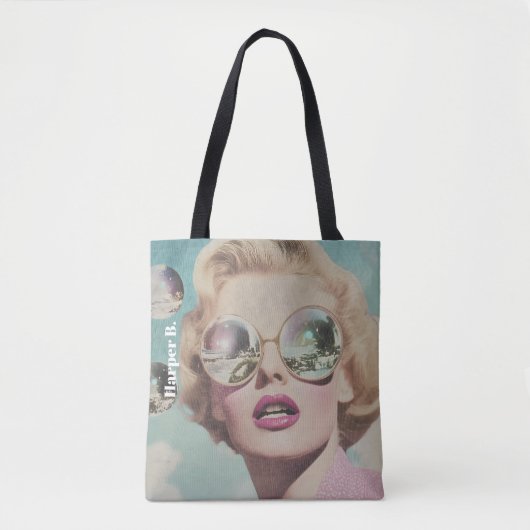 Retro Pop Art Roze en Blauwe Ruimte Vrouw Tote Bag (Voorkant)