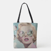 Retro Pop Art Roze en Blauwe Ruimte Vrouw Tote Bag (Achterkant)