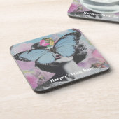 Retro Pop Art Roze en Blauwe Vlinder Bier Onderzetter (Linkerzijde)