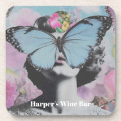 Retro Pop Art Roze en Blauwe Vlinder Bier Onderzetter (Voorkant)