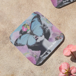 Retro Pop Art Roze en Blauwe Vlinder Bier Onderzetter