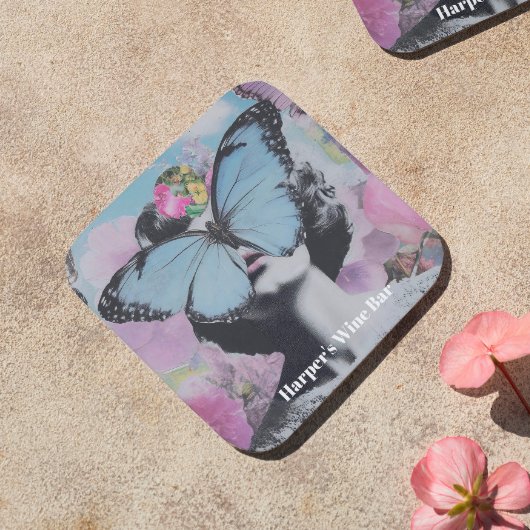 Retro Pop Art Roze en Blauwe Vlinder Bier Onderzetter