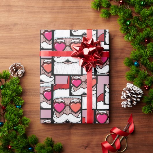 Retro Pop Art Santa Heart Glasses Comic Style Cadeaupapier (Feestdagen Geschenken)