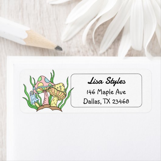 Retro Pop Art-stijl Paddenstoelen roze en geel Etiket (Insitu)