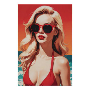 Retro Pop Art: Stijlvol blond in rode bikini Perfect Poster