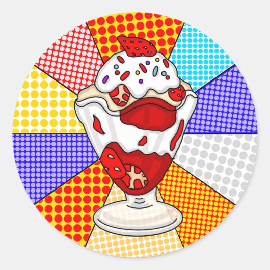 Retro Pop Art Strawberry Ice Cream Sundae Ronde Sticker (Voorkant)