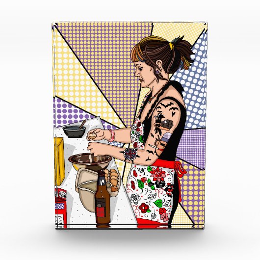 Retro Pop Art Tattoo Lady Baking in Kitchen Fotoblokken (Voorkant)