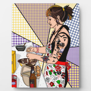 Retro Pop Art Tattoo Lady Baking in Kitchen Fotoplaat
