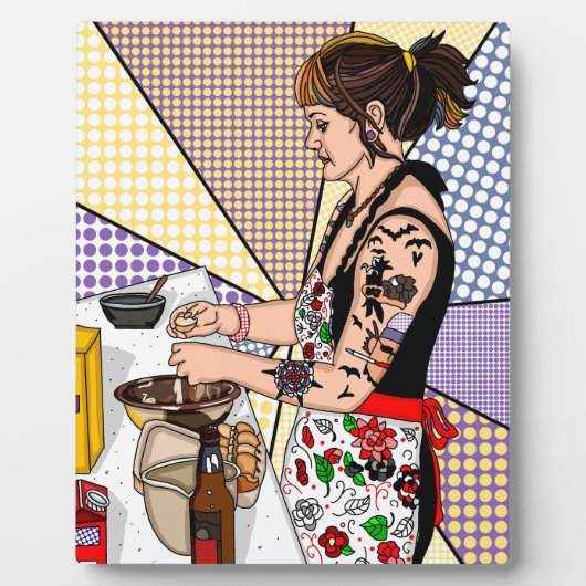 Retro Pop Art Tattoo Lady Baking in Kitchen Fotoplaat (Voorkant)