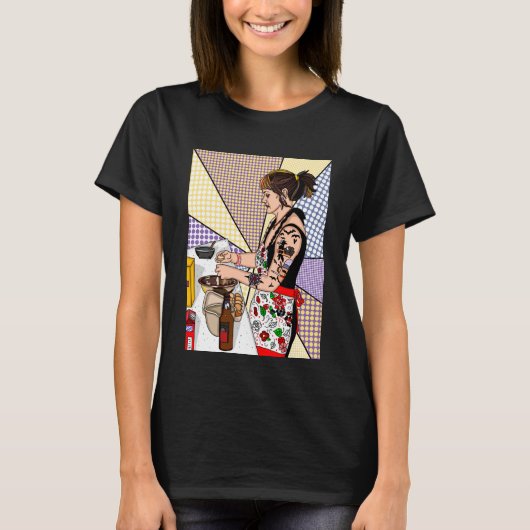 Retro Pop Art Tattoo Lady Baking in Kitchen T-shirt (Voorkant)