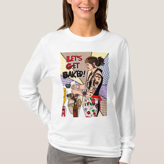 Retro Pop Art Tattoo Lady Baking in Kitchen T-shirt (Voorkant)