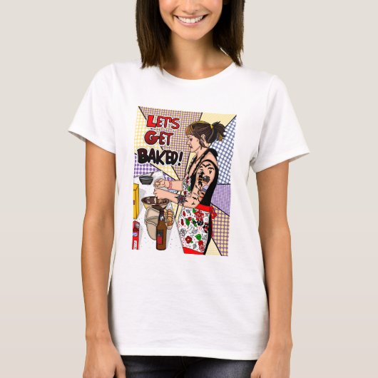 Retro Pop Art Tattoo Lady Baking in Kitchen T-shirt (Voorkant)