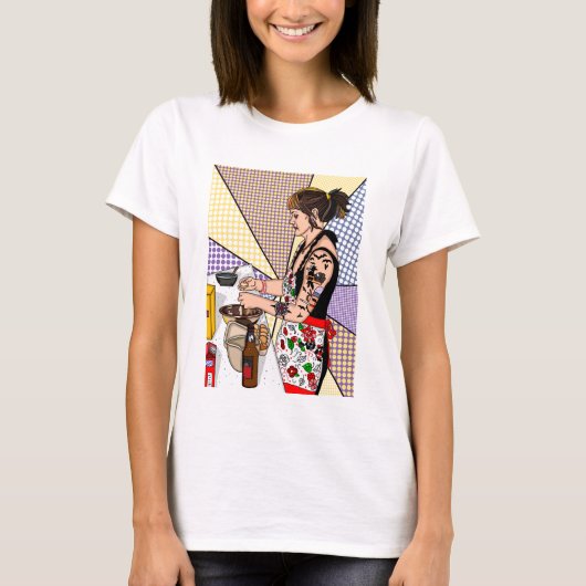 Retro Pop Art Tattoo Lady Baking in Kitchen T-shirt (Voorkant)