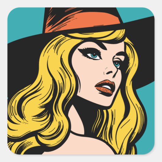 Retro Pop Art Witch Vierkante Sticker (Voorkant)