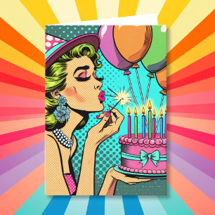 Retro Pop Art Woman Holding a Cake Happy Birthday Kaart