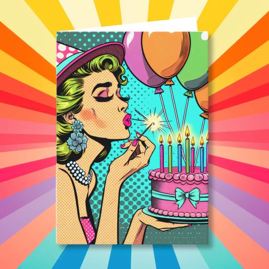 Retro Pop Art Woman Holding a Cake Happy Birthday Kaart