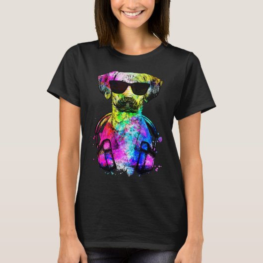 Retro Pop Black Mouth Cur Dog Portrait with Headph T-shirt (Voorkant)
